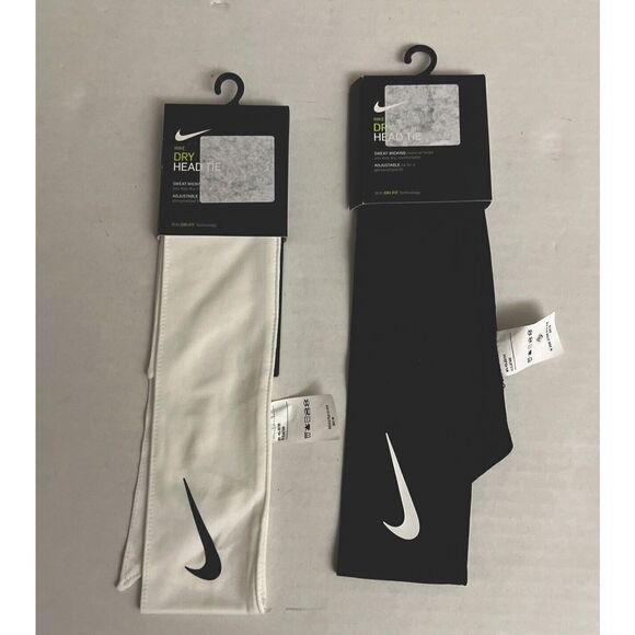 Nike Swoosh Dri-Fit Running White & Black Unisex Head Tie Headbands Set Of 2 New - Picture 1 of 2